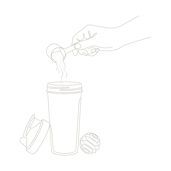 Line illustration: a scoop of creatine into a shaker