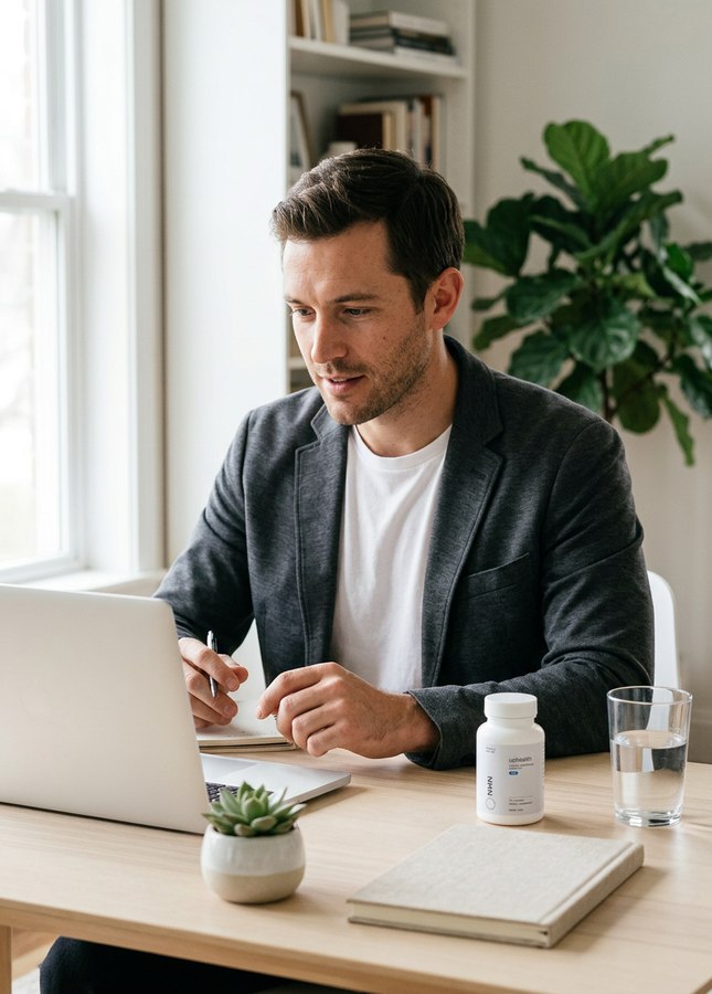 A professional at a bright desk with the NMN bottle